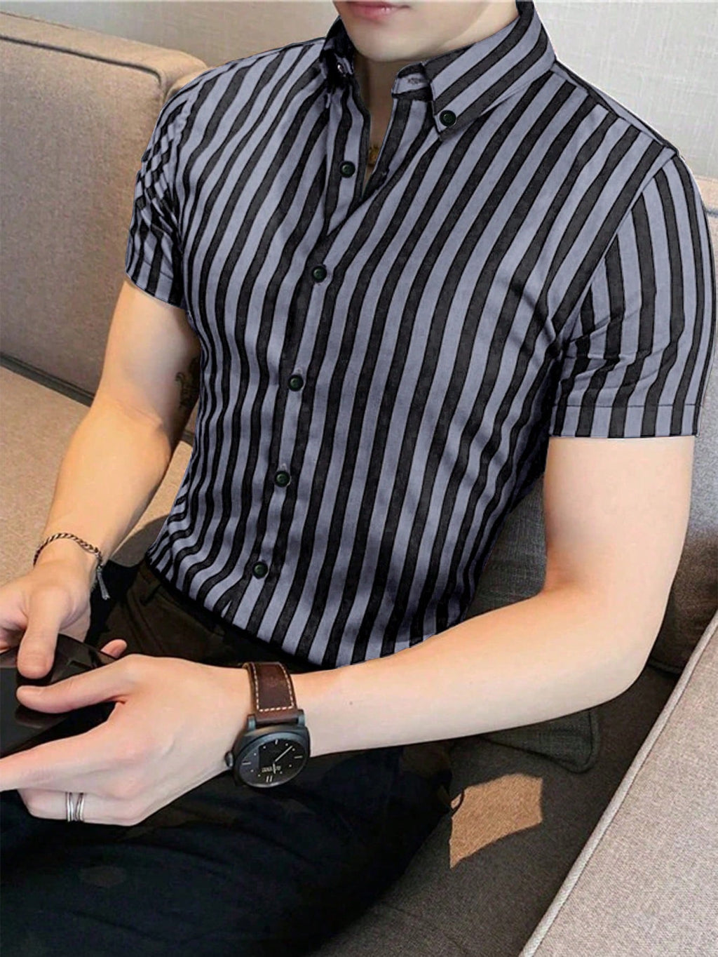 11174 1t-006 Camisa De Manga Corta De Rayas Verticales Para Hombre