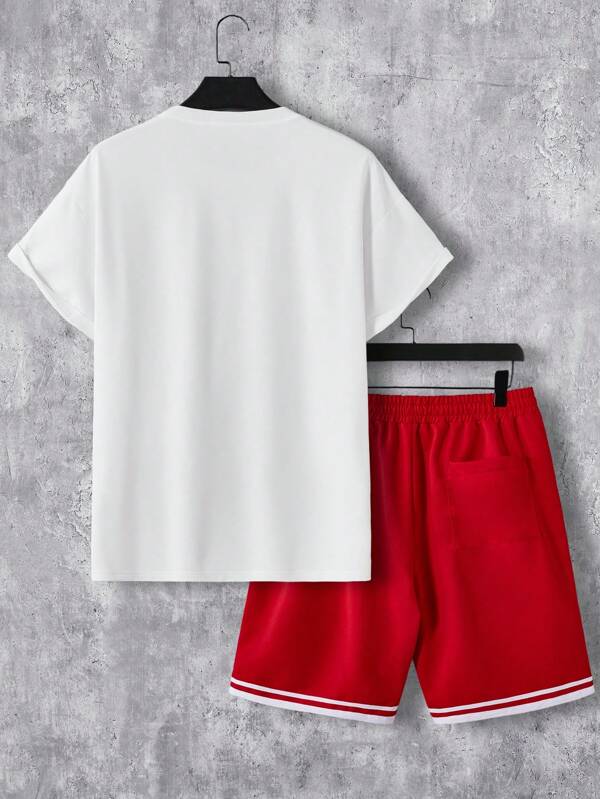7730 a03-03 Manfinity Sporsity Conjunto De Camiseta De Manga Corta Y Pantalones Cortos Para Hombre Con Estampado De Letras