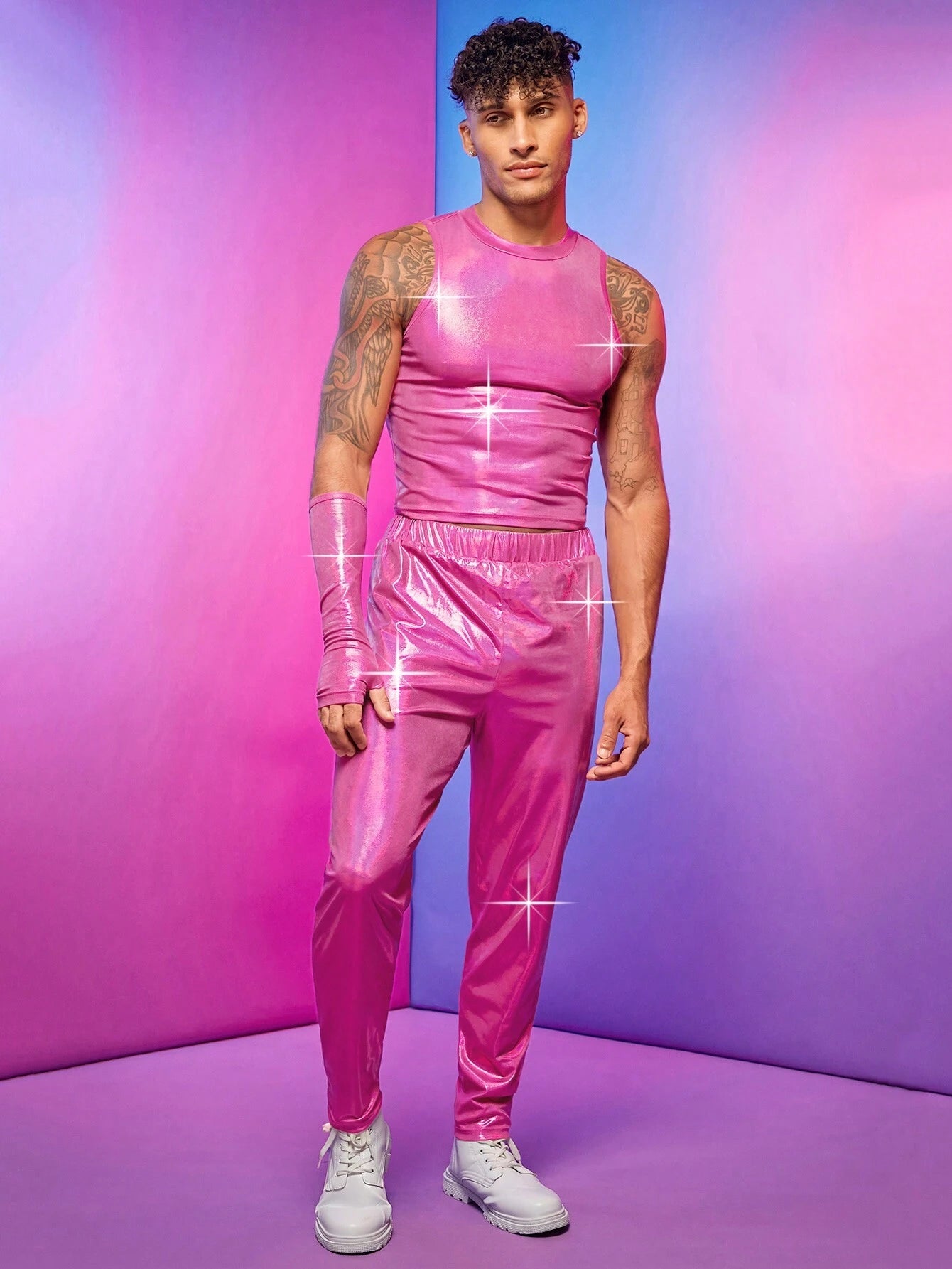 7217 2c-282 Manfinity Fever City Hombres de color metálico Top tank con pantalones & 1 pieza de manga Funda