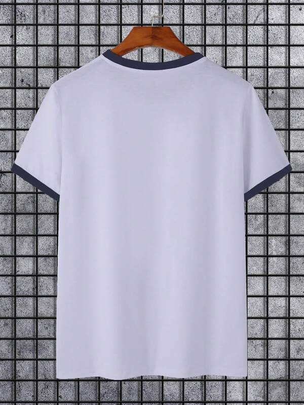 7814 1t-396 Camiseta Con Estampado De Letras Y Ribete En Contraste Para Hombre
