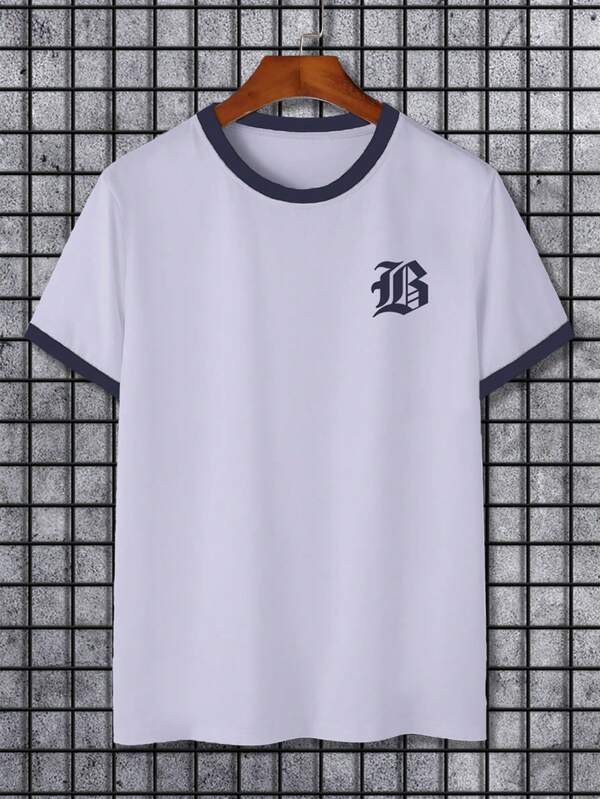 7814 1t-396 Camiseta Con Estampado De Letras Y Ribete En Contraste Para Hombre