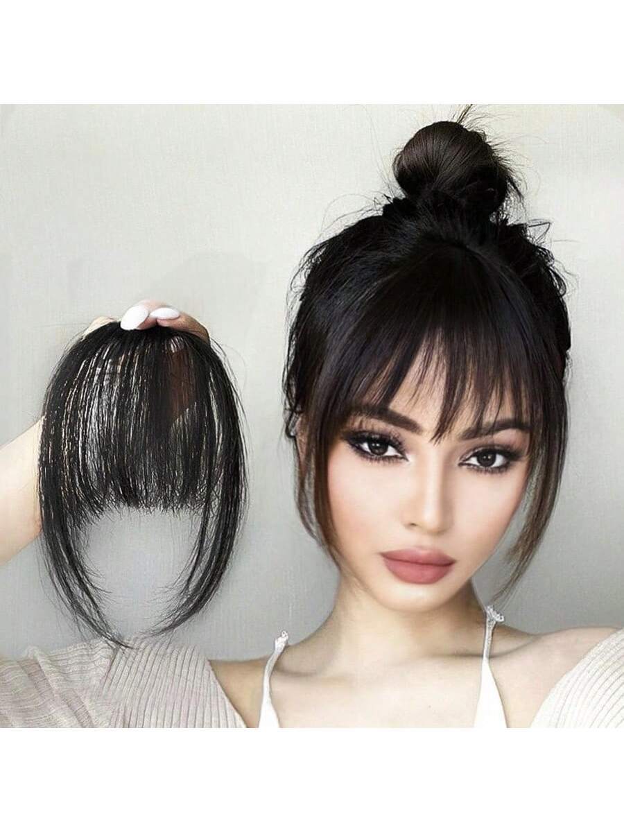 7518 a11-02 Clip En Flequillo Frente Neat Black Bangs Postizo Sintético Falso Pieza De Cabello Flequillo Postizo Clip En Extensiones De Cabello Para Mujeres Resistente Al Calor