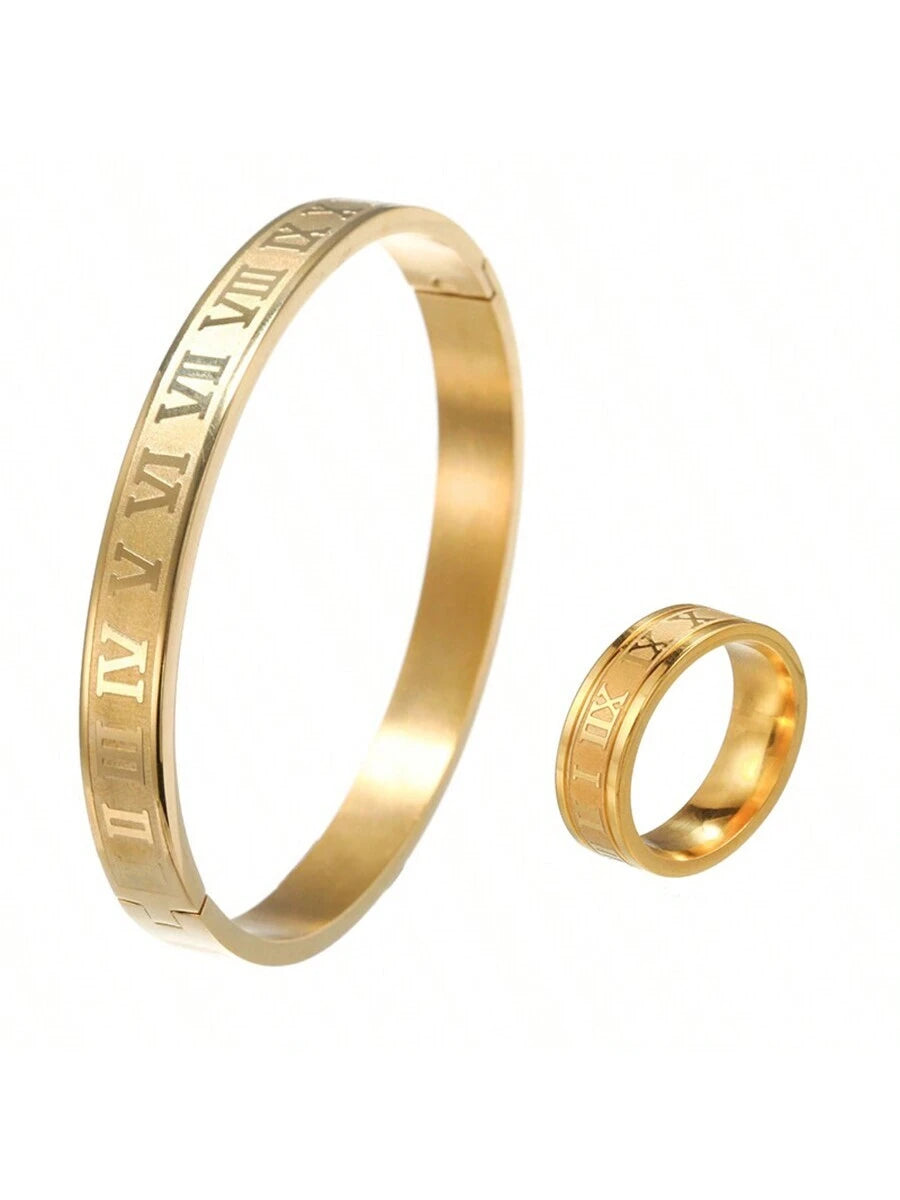 9487 1b-070 Un set/2pcs Conjunto De Pulsera Y Anillo Unisex Con Números Romanos