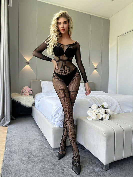 9565 2a-02-04 Bodystocking De Encaje Floral Negro