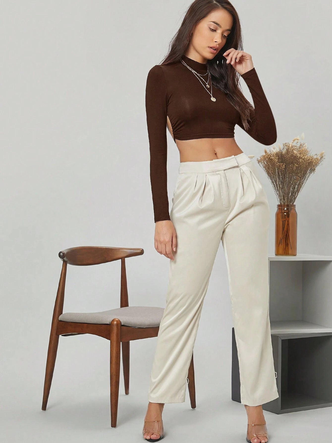 9753 1t-007 Camiseta Recortada Sin Espalda De Punto De Un Solo Color Para Mujer