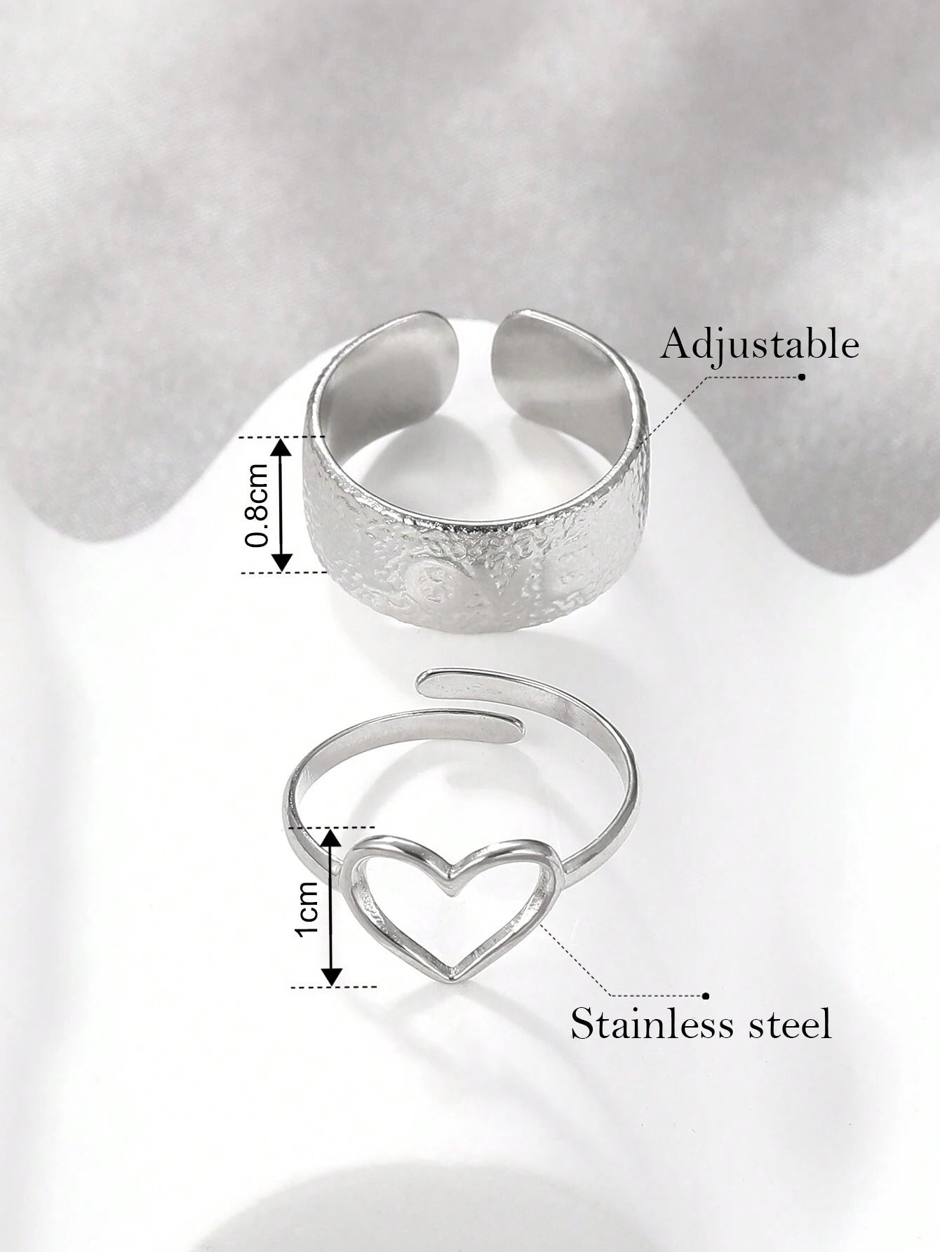 9376 1b-070 Juego De Anillos ajustable En Forma De Corazón De Acero Inoxidable