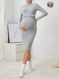 7239 1t-007 Maternidad Vestido ajustado cuello alto tejido de canalé amamantamiento detalle