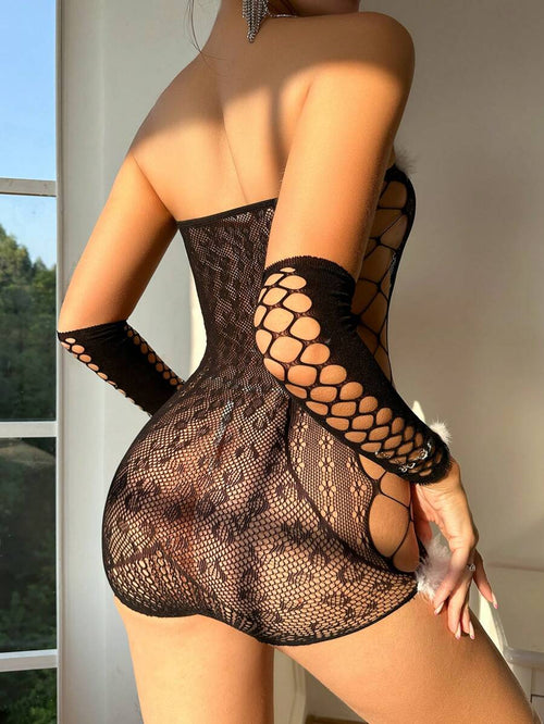12952 1a-073 pzs Body Sexy Sin Tirantes De Malla Con Guantes