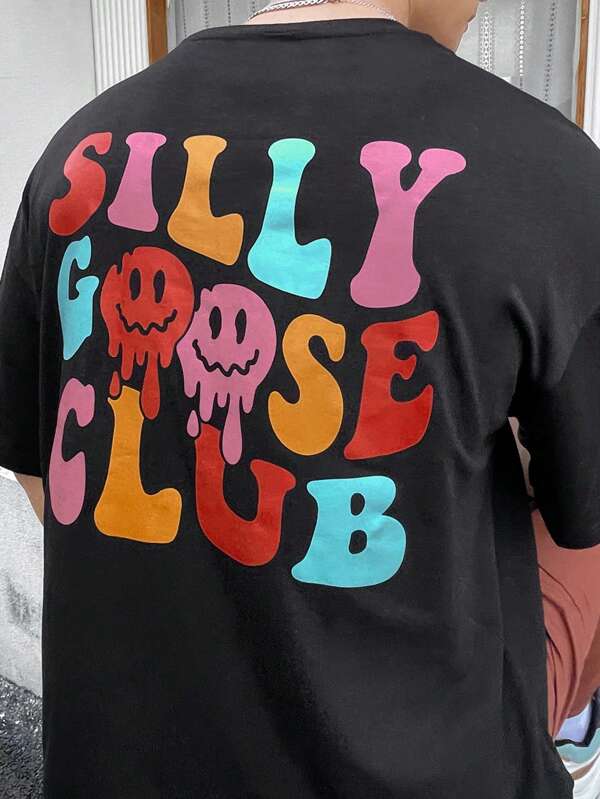 7807 1t-006 Camiseta Estampada Con Cara Sonriente De Dibujos Animados Para Hombre Con Espalda Estampada