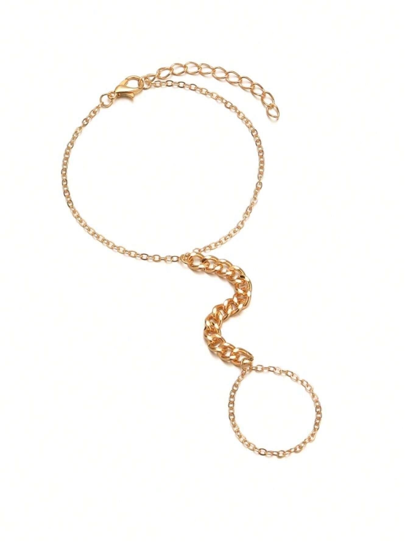 9489 1b-03-20 Una Pieza Pulsera De Cadenilla De Aleación En Forma De V Con Conectado De Anillo De Dedo