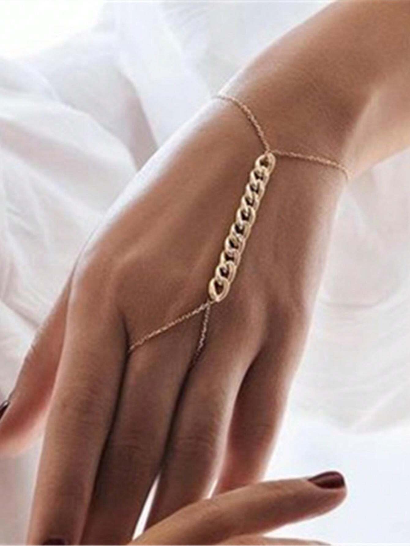 9489 1b-03-20 Una Pieza Pulsera De Cadenilla De Aleación En Forma De V Con Conectado De Anillo De Dedo