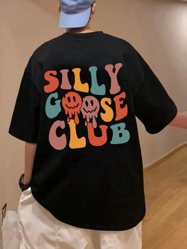 7807 1t-006 Camiseta Estampada Con Cara Sonriente De Dibujos Animados Para Hombre Con Espalda Estampada