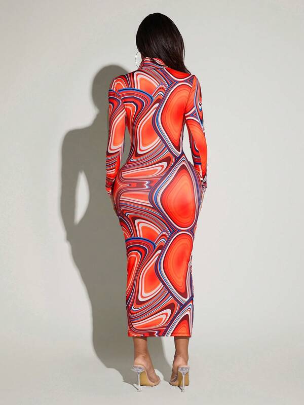 7972 1t-005 Vestido Ajustado Estampado Con Diseño De Caída Fluida Para Mujeres
