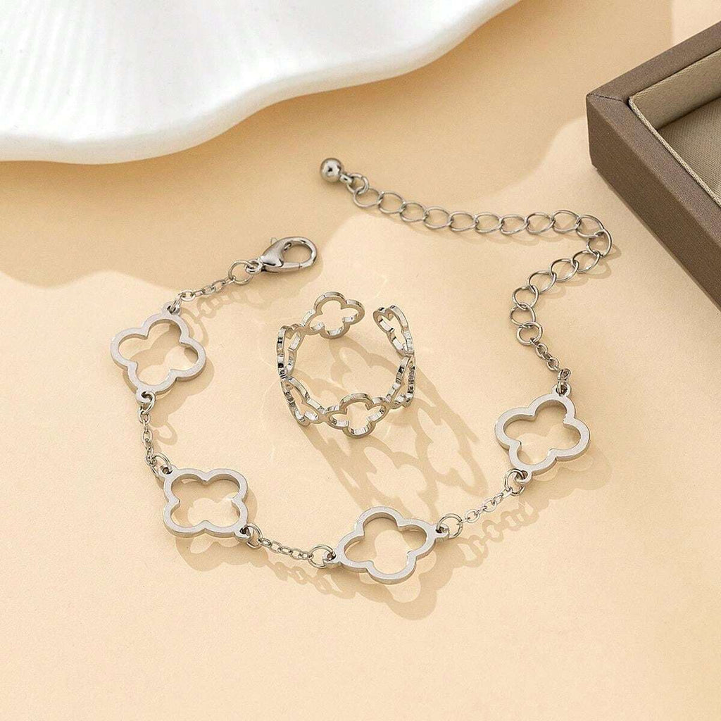 10046 1b-076 conjunto De Pulsera Y Anillo Con Diseño De Flor De La Suerte
