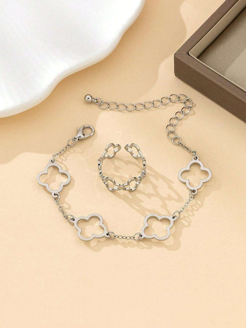 10046 1b-076 conjunto De Pulsera Y Anillo Con Diseño De Flor De La Suerte