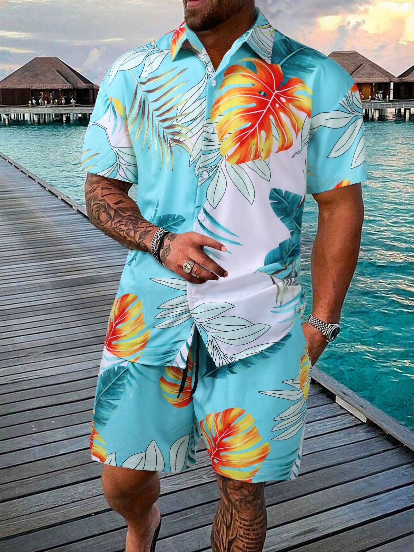 9912 2c-282 Conjunto De 2 Piezas De Camisa Y Shorts Con Estampado Tropical