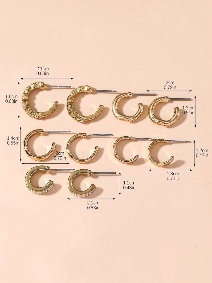 9050 a09-05 Cinco Pares De Aretes De Aleación Lisos Y Texturizados Calados En Forma De C De Estilo Europeo