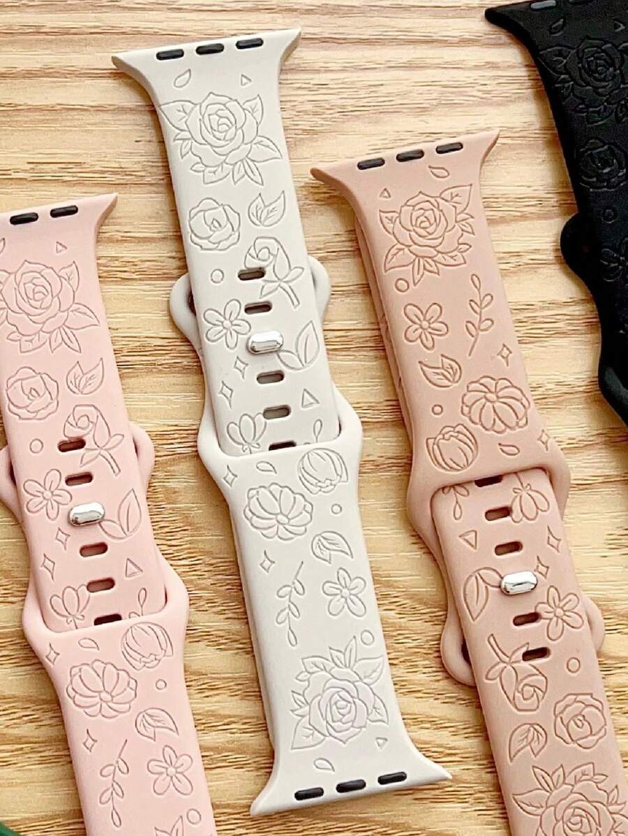 8475 1b-04-09 Banda De Reloj Grabada De Silicona Con Diseño De Rosa Para Apple Watch