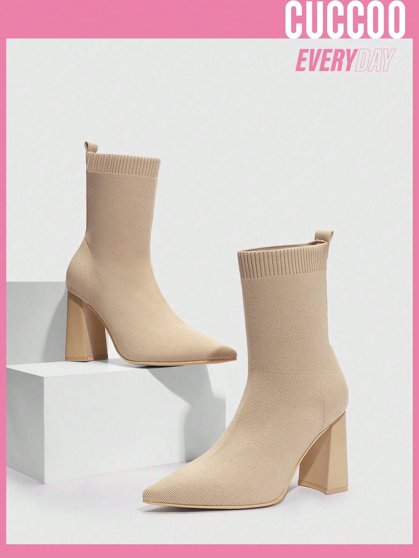 7675 1t-001 Botines De Punto Stretch Con Punta Afilada Y Tacón Grueso Para Mujeres