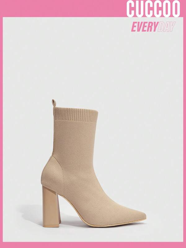 7675 1t-001 Botines De Punto Stretch Con Punta Afilada Y Tacón Grueso Para Mujeres