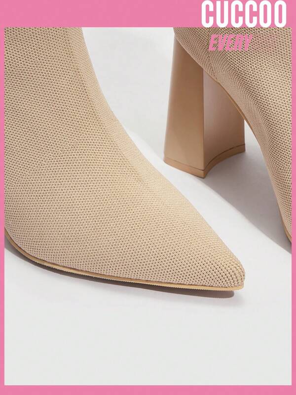 7675 1t-001 Botines De Punto Stretch Con Punta Afilada Y Tacón Grueso Para Mujeres