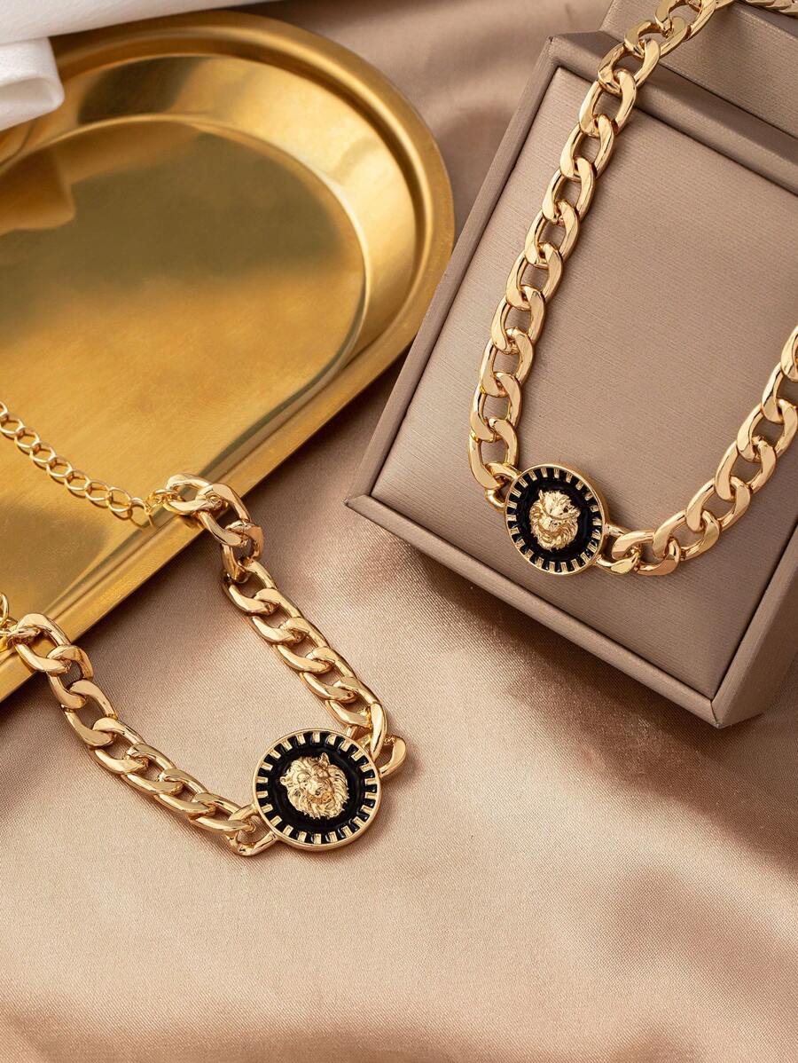 10050 1b-067 Set dos piezas Collar Colgante Y Brazalete cabeza de león