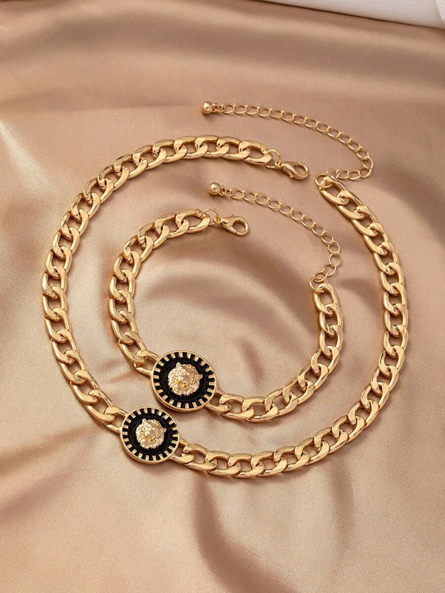 10050 1b-067 Set dos piezas Collar Colgante Y Brazalete cabeza de león