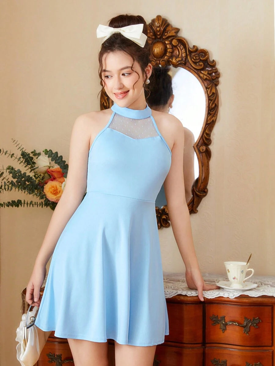 15835 1a-045 Vestido Midi Halter Cuello Alto Con Malla
