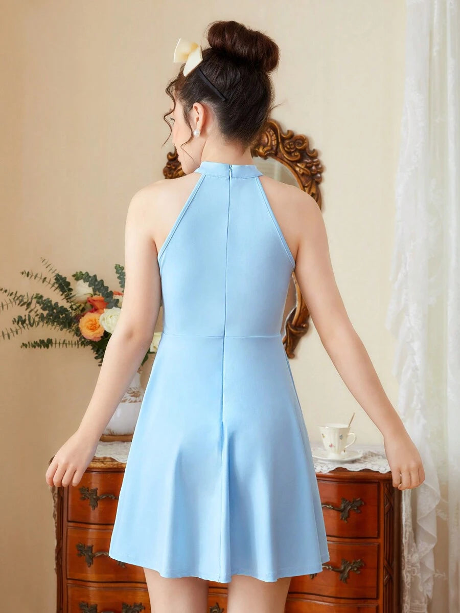 15835 1a-045 Vestido Midi Halter Cuello Alto Con Malla