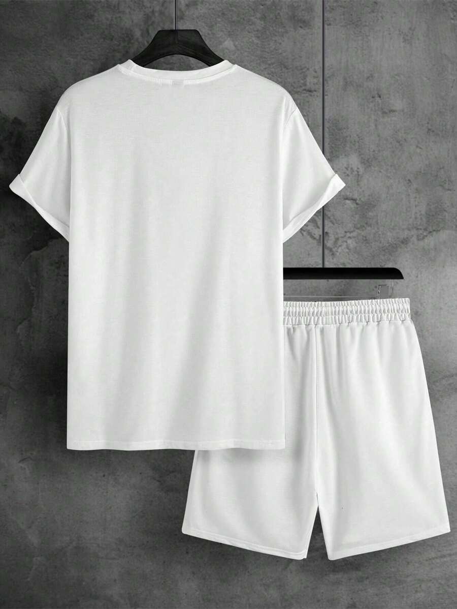 12088 A04-03 Conjunto De Camiseta De Manga Corta Con Letra Impresa Y Pantalones Cortos Para Hombres
