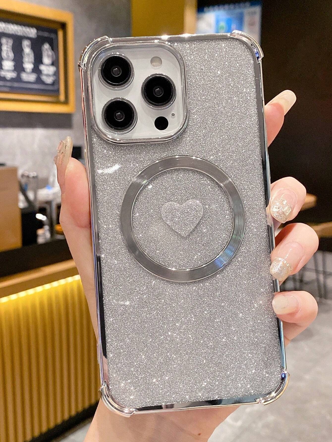 8375 2t-014 Funda De Teléfono Magnético Con Corazon Brillante Galvanizado