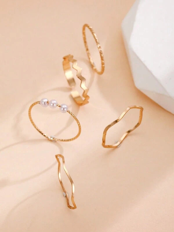 7189 b03-12 Cinco Unids/set Anillo De Decoración De Perlas De Imitación De Aleación De Zinc A La Moda Para Mujer Para Decoración Diaria