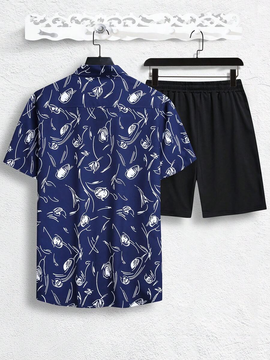 12100 1a-014 Conjunto De Camisa De Manga Corta Y Pantalón Corto Con Diseño Floral Para Hombre