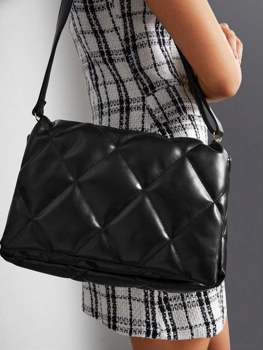 8769 1t-002 Bolso De Hombro De Mujer Negro A Cuadros