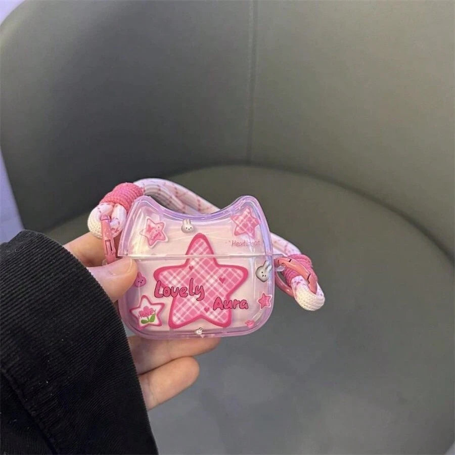 10750 2t-008 Estuche Con Forma De Oreja De Gato Y Estrella Con Correa Para Los Auriculares