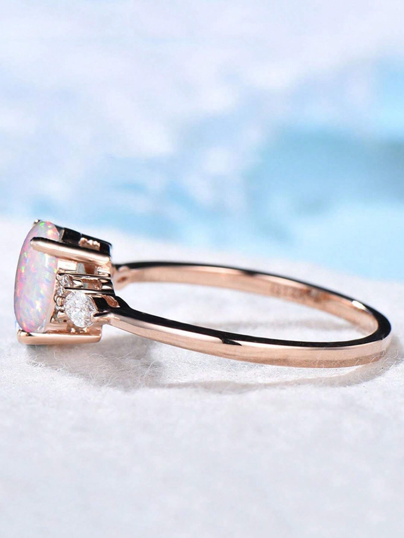 10612 02-b01-09 Anillo De Promesa De Moda Con Óvalo Opal Reflejando Luces Multicolor