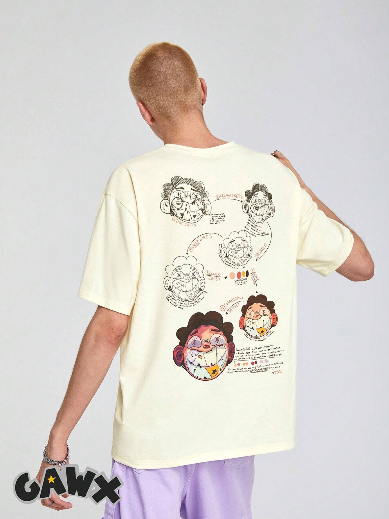 7424 1a-101 Hombres Camiseta de hombros caídos con estampado de slogan y dibujos animados