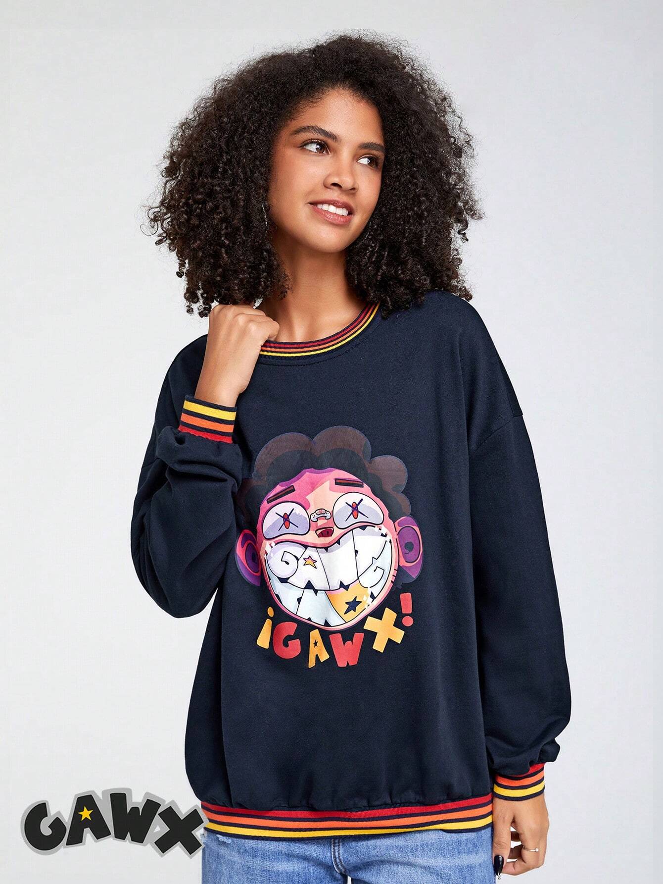 7433 1t-007 Polera con estampado de dibujos animados ribete de rayas de hombros caídos