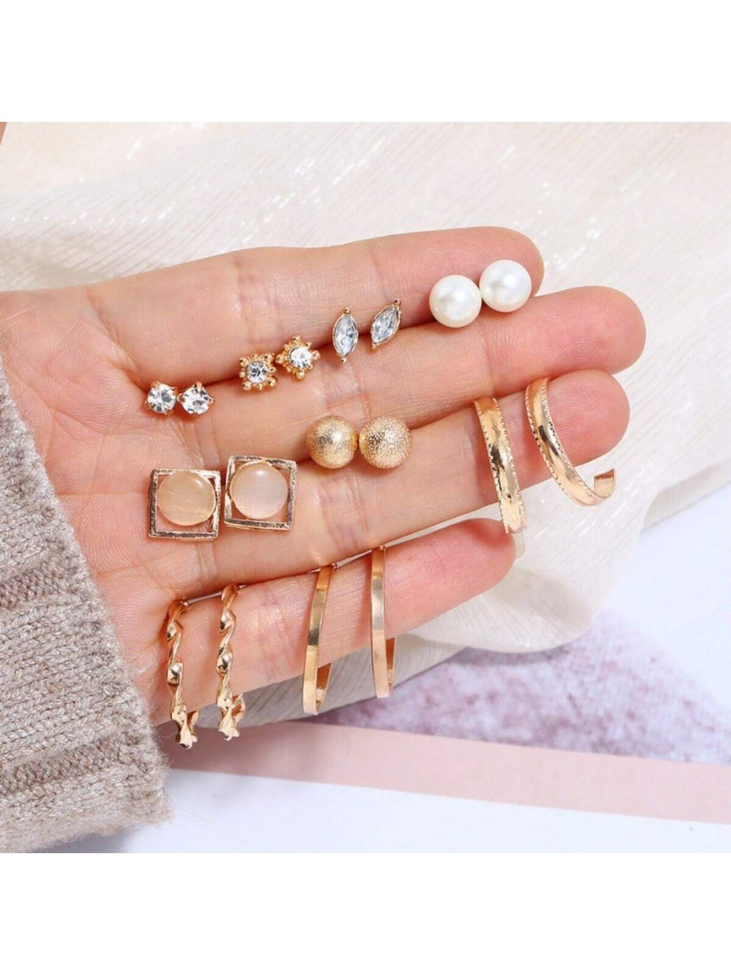9062 b01-28 Set De Pendientes 9 Pares Con Decoración De Perlas Y Diamantes De Imitación
