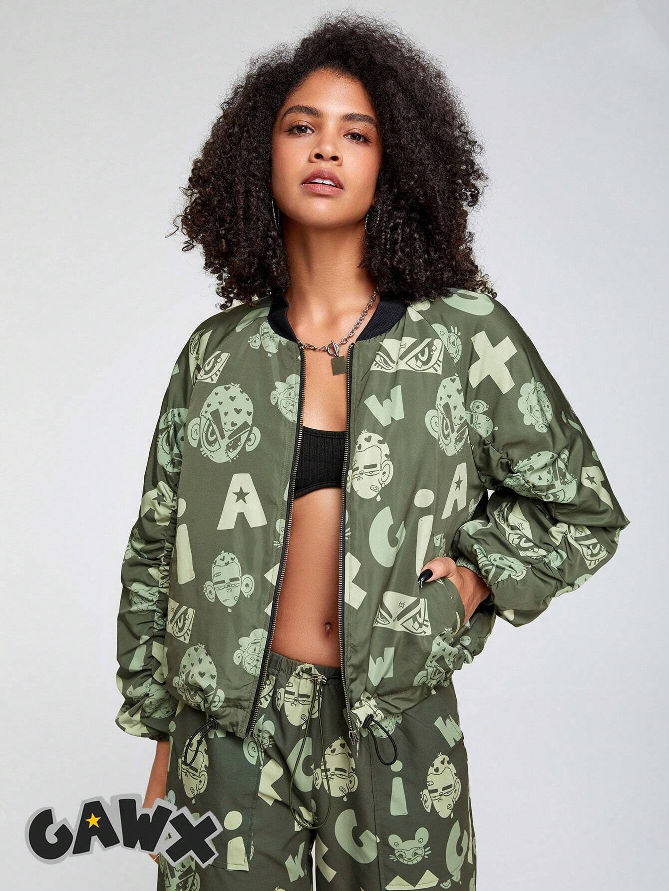 7431 1a-06-02 Una Pieza Abrigo de invierno con estampado de letra con cremallera