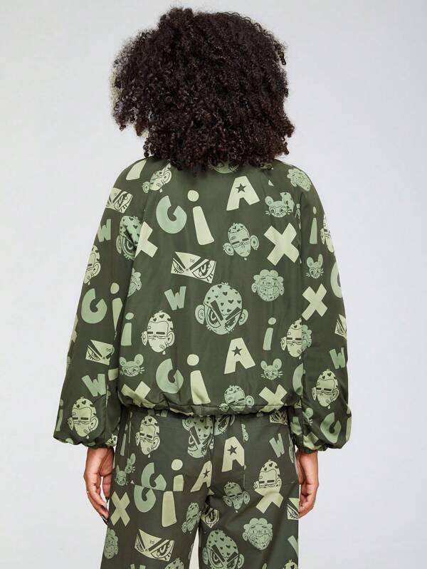 7431 1a-06-02 Una Pieza Abrigo de invierno con estampado de letra con cremallera