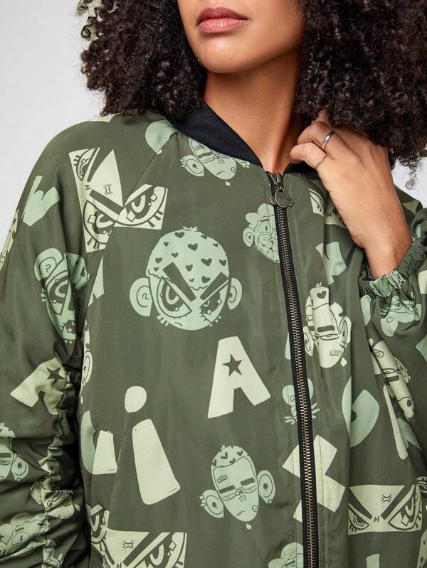7431 1a-06-02 Una Pieza Abrigo de invierno con estampado de letra con cremallera