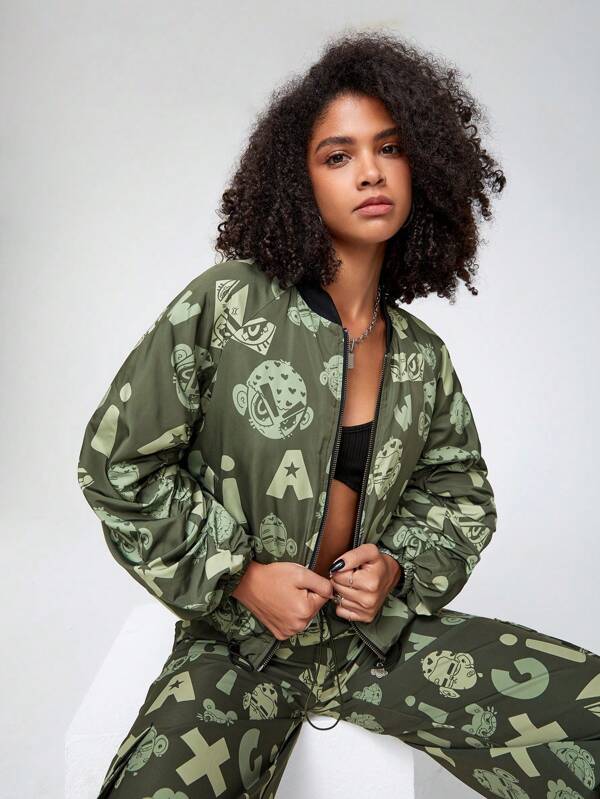 7431 1a-06-02 Una Pieza Abrigo de invierno con estampado de letra con cremallera