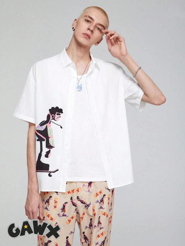 7422 1a-101 Hombres Camisa con estampado de figura con botón delantero
