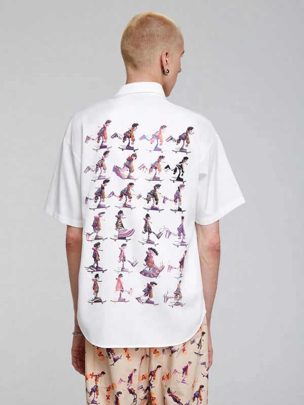 7422 1a-101 Hombres Camisa con estampado de figura con botón delantero