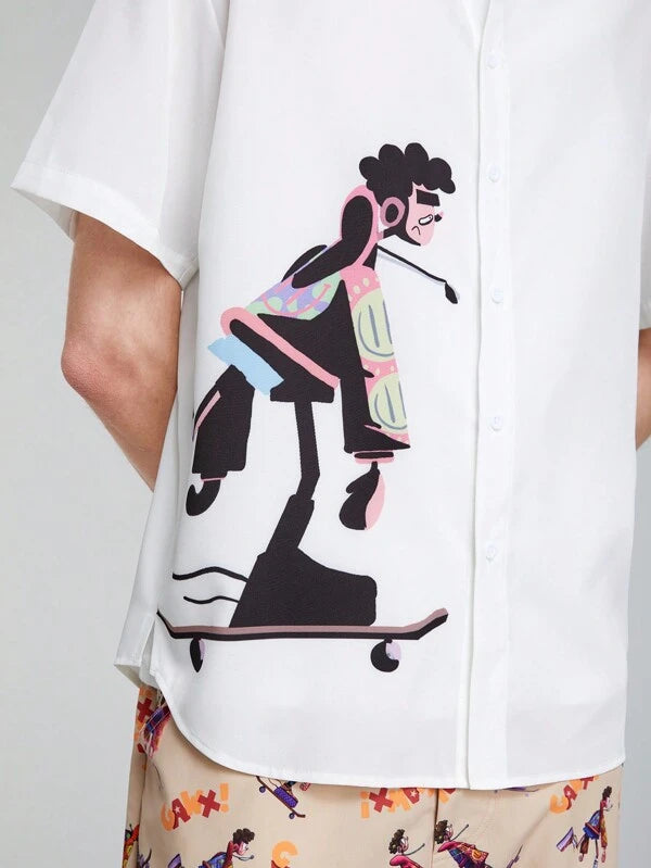 7422 1a-101 Hombres Camisa con estampado de figura con botón delantero