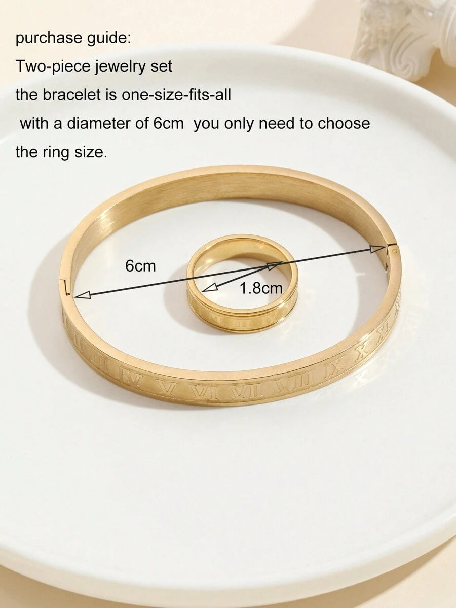 10045 1b-076 Set dos piezas Juego De Joyas De Acero Inoxidable Anillo Y Pulsera Con Números Romanos
