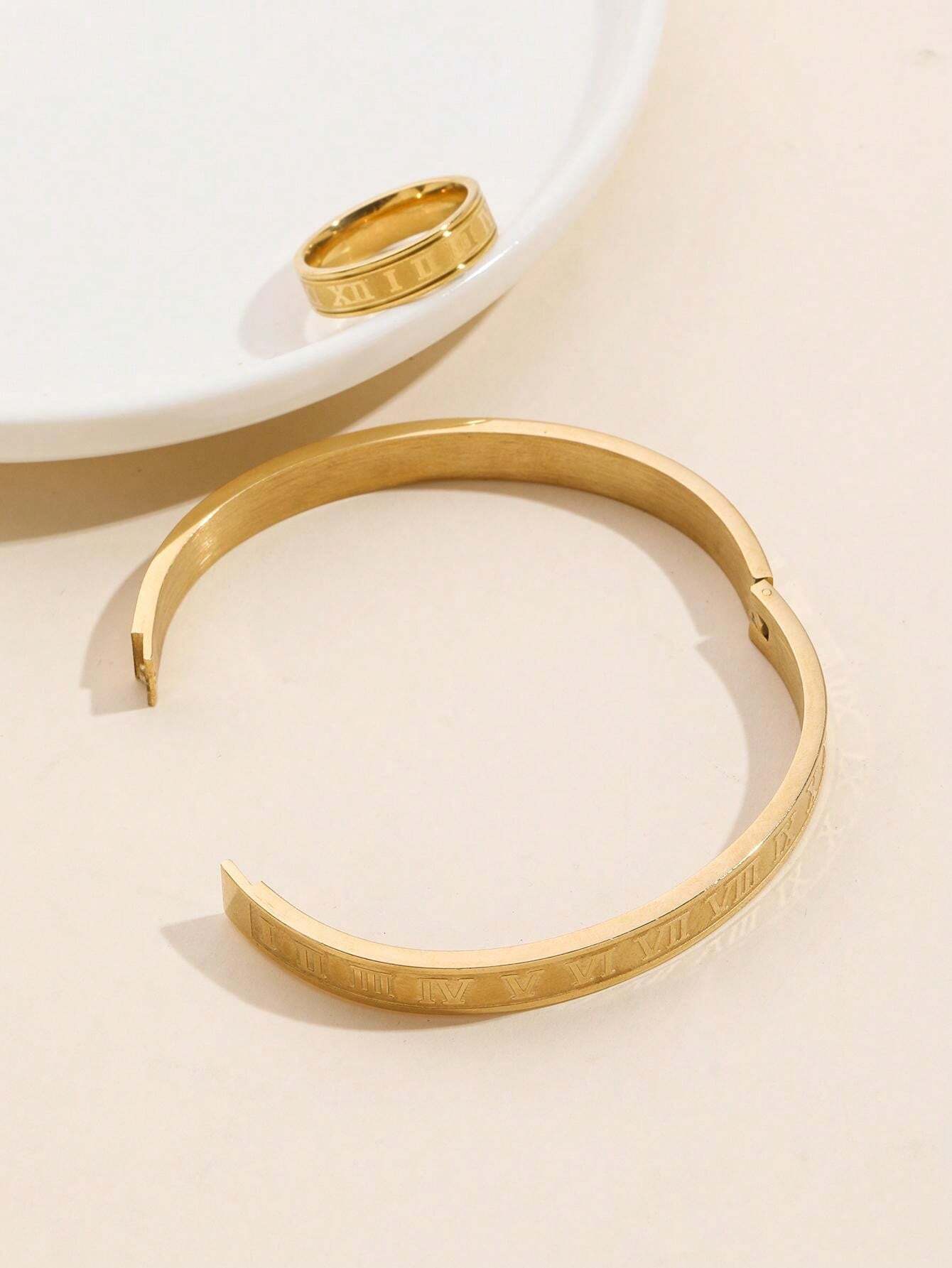 10045 1b-076 Set dos piezas Juego De Joyas De Acero Inoxidable Anillo Y Pulsera Con Números Romanos