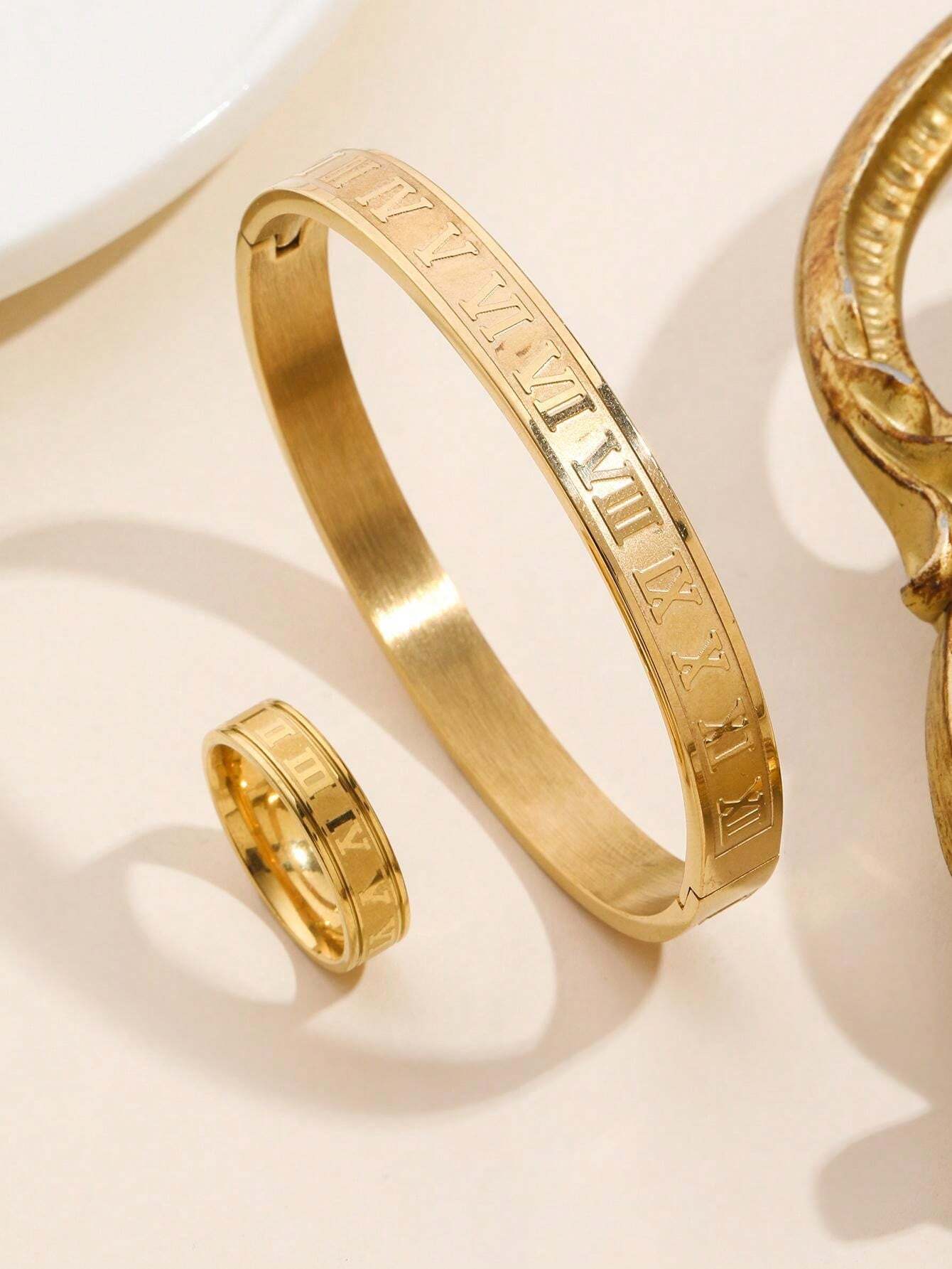 10045 1b-076 Set dos piezas Juego De Joyas De Acero Inoxidable Anillo Y Pulsera Con Números Romanos