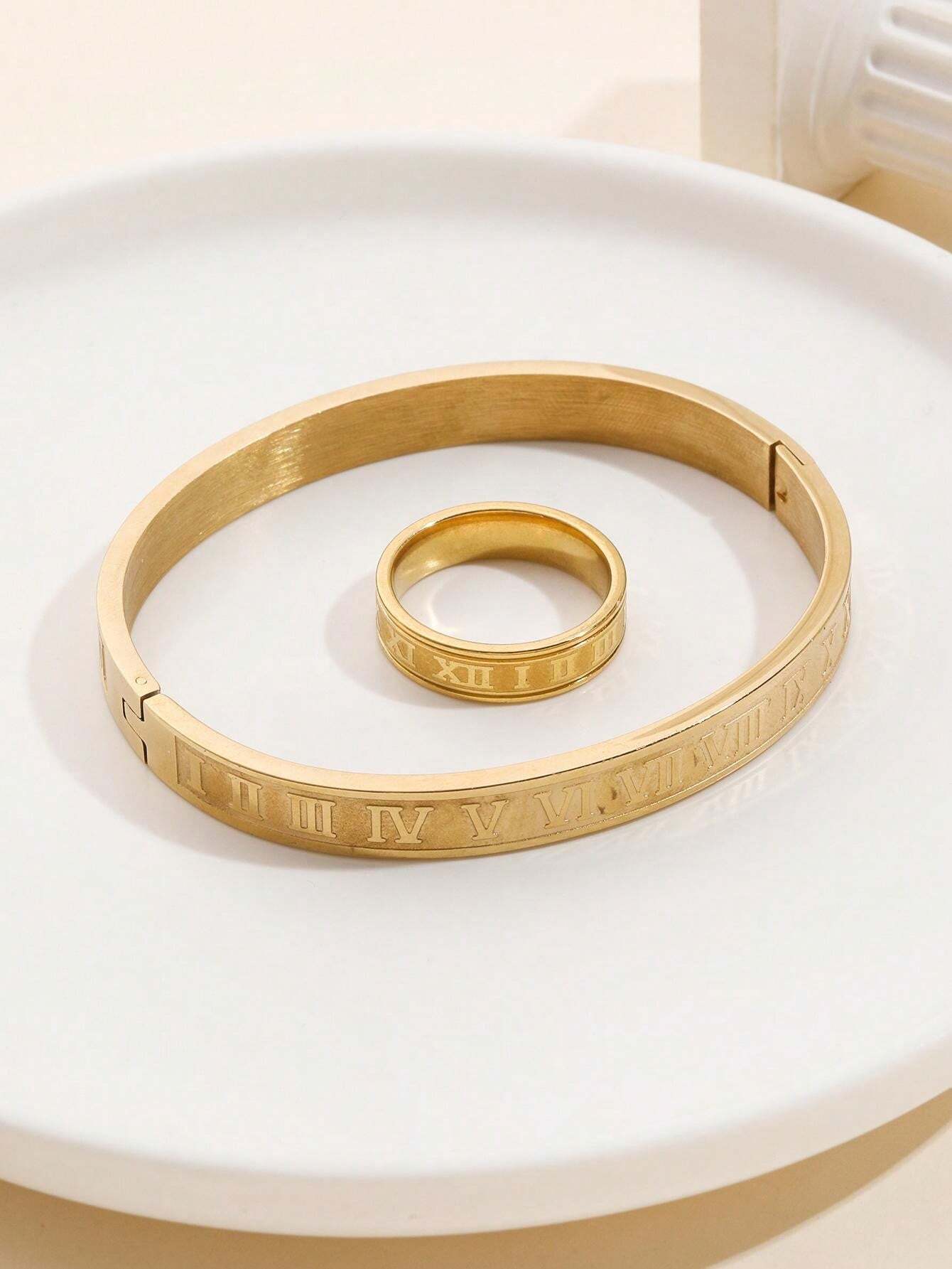 10045 1b-076 Set dos piezas Juego De Joyas De Acero Inoxidable Anillo Y Pulsera Con Números Romanos